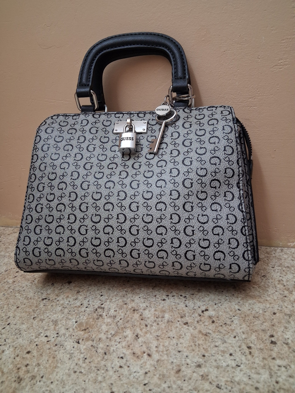 GUESS Gray and Black Monogram Satchel with Key Charm